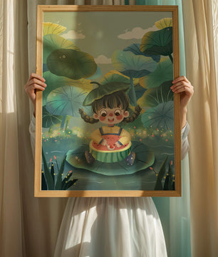 Charming illustration of a child enjoying watermelon amidst whimsical nature