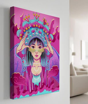 Ilustración colorida de una mujer con traje tradicional y tocado ornamental