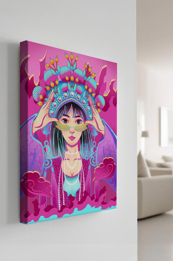 Colorful illustration of a woman in traditional costume with ornate headpiece