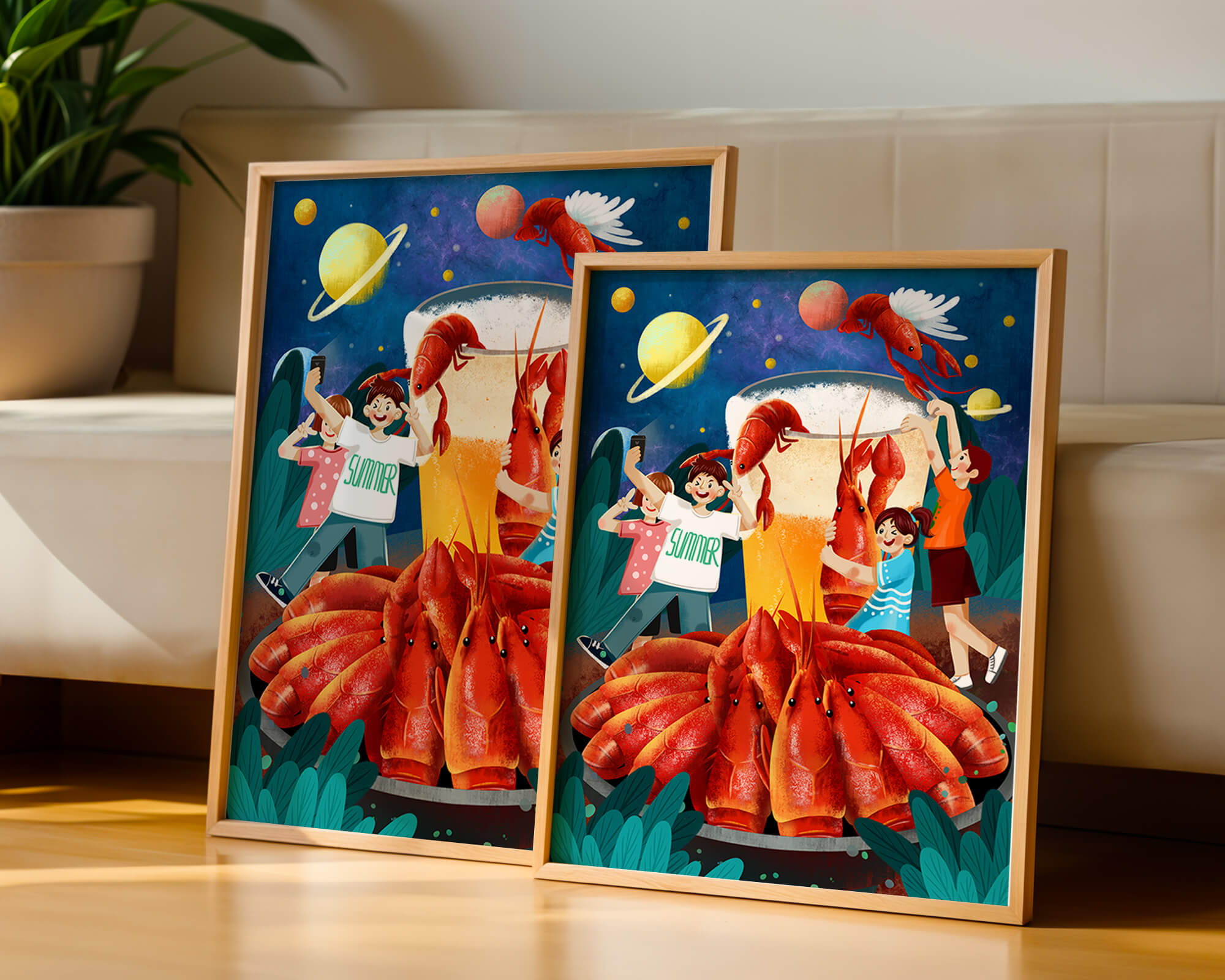 Fantasy illustration with cosmic lobsters and friends enjoying a summer feast