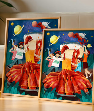 Ilustración de fantasía con langostas cósmicas y amigos disfrutando de un banquete de verano