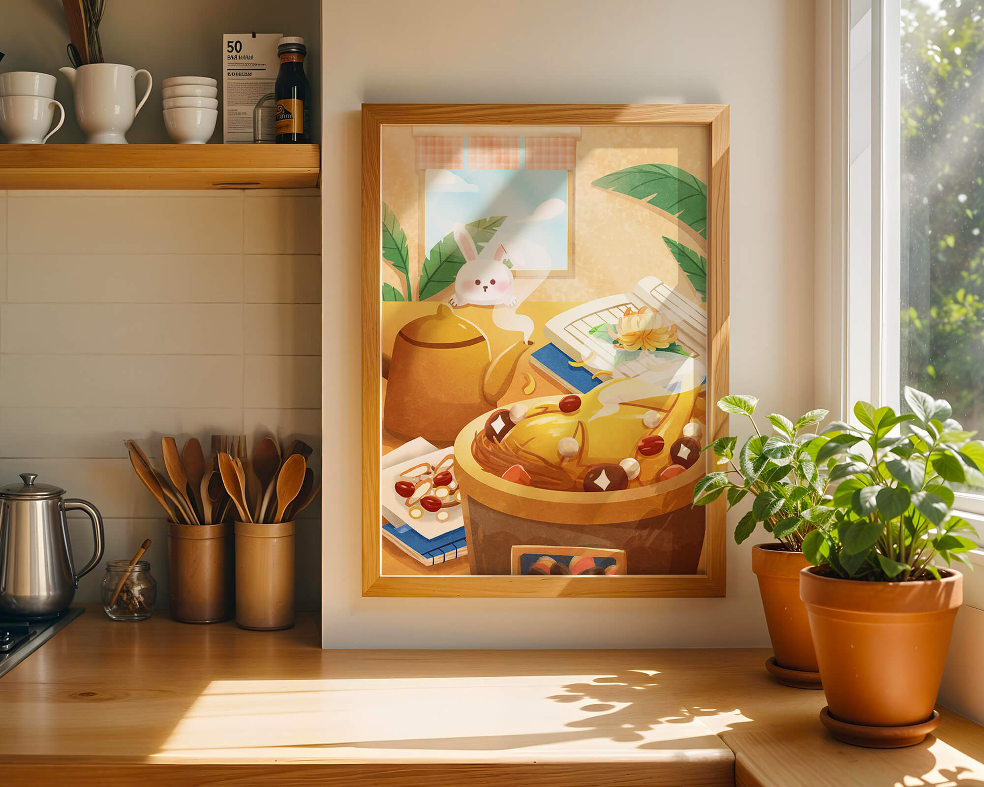 Cozy kitchen scene with cute bunny, teapot, and golden dessert