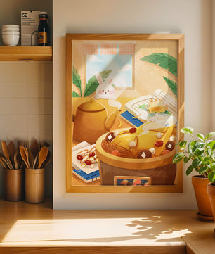 Cozy kitchen scene with cute bunny, teapot, and golden dessert