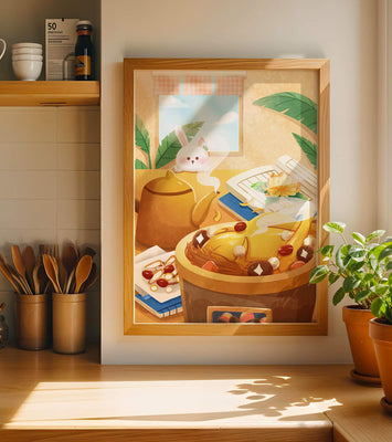 Cozy kitchen scene with cute bunny, teapot, and golden dessert