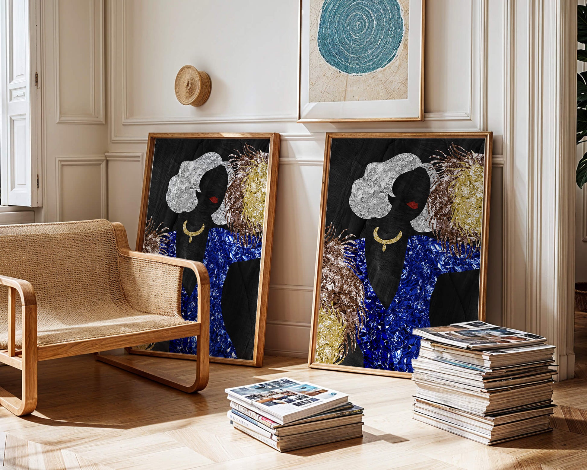 Abstract art with colorful foil textures and silhouette