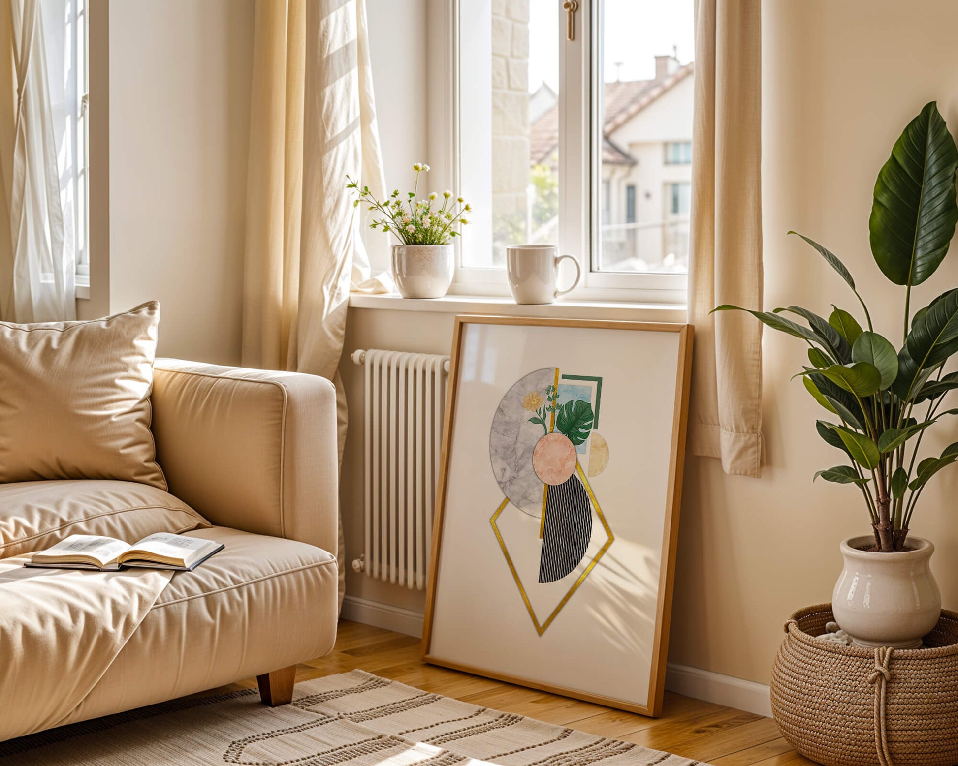 Abstract geometric art with floral and gold accents