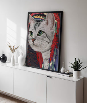 Illustrated cat portrait with colorful accents