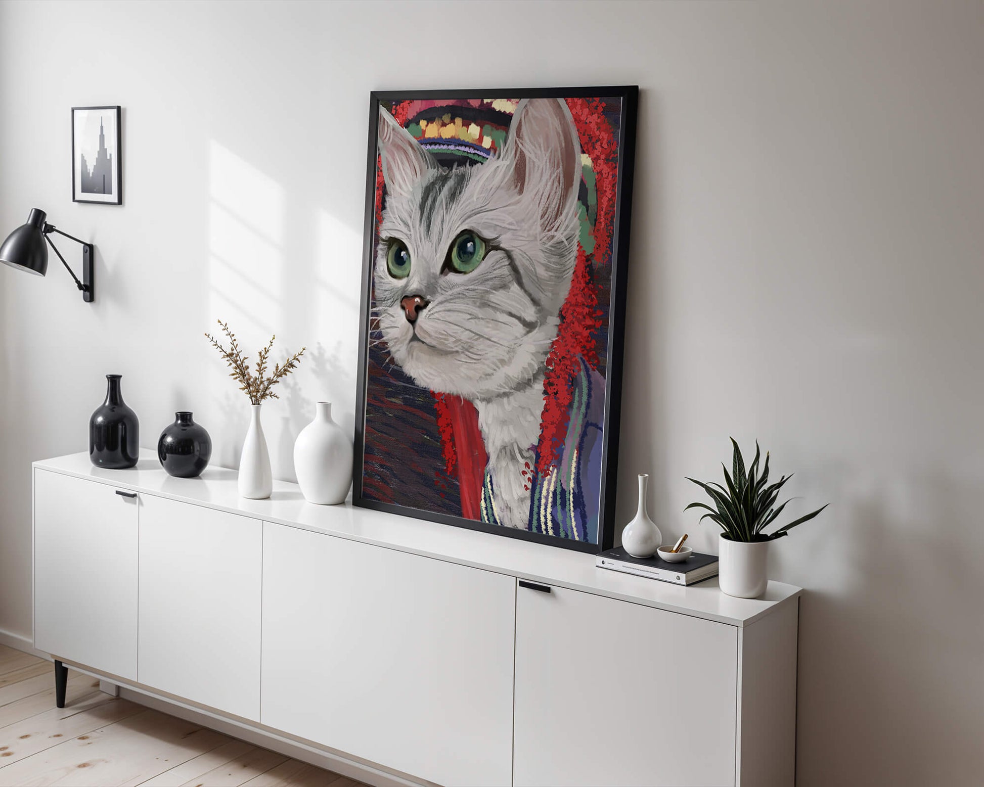 Illustrated cat portrait with colorful accents