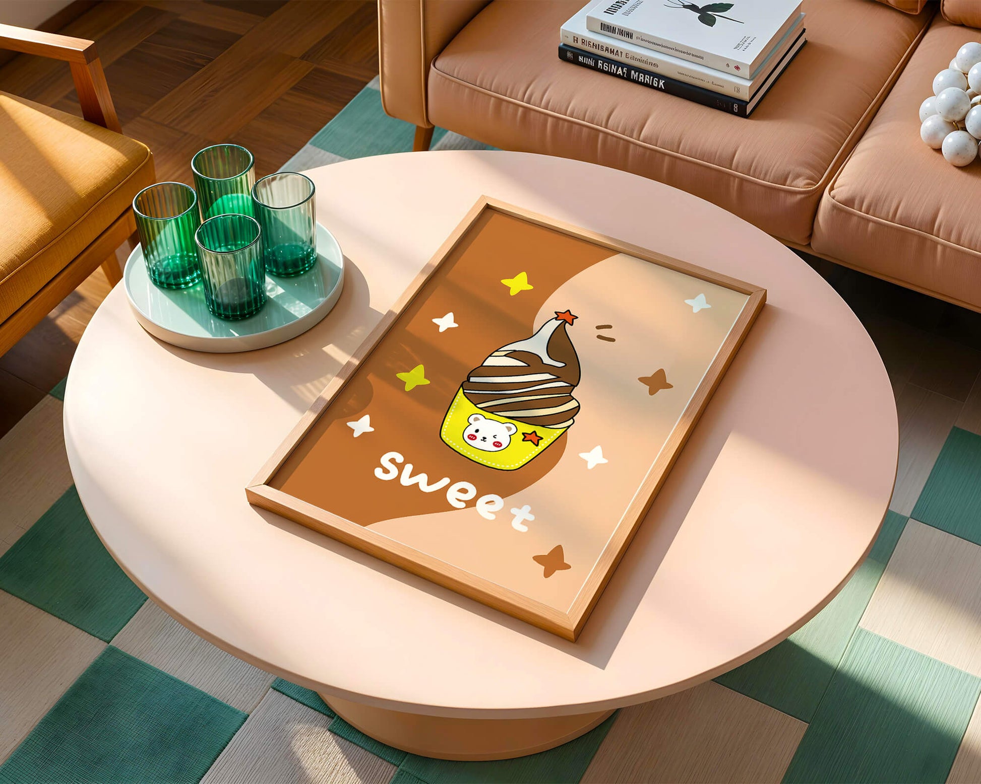 Adorable ice cream design with kawaii bear and colorful background