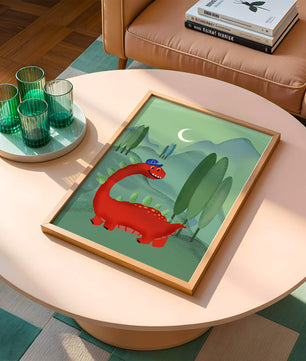 Whimsical red dinosaur in a serene nighttime forest