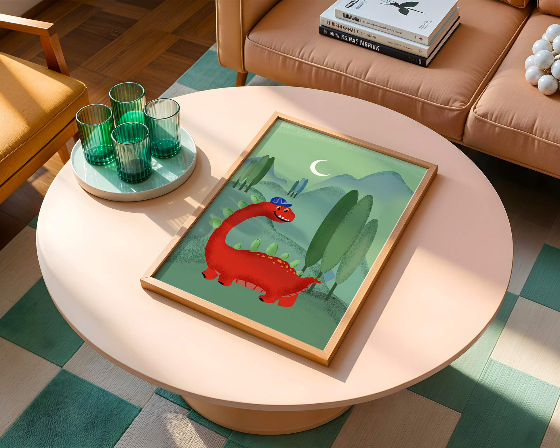 Whimsical red dinosaur in a serene nighttime forest