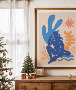 Abstract Illustration of a Blue Silhouette Woman with Organic Shapes