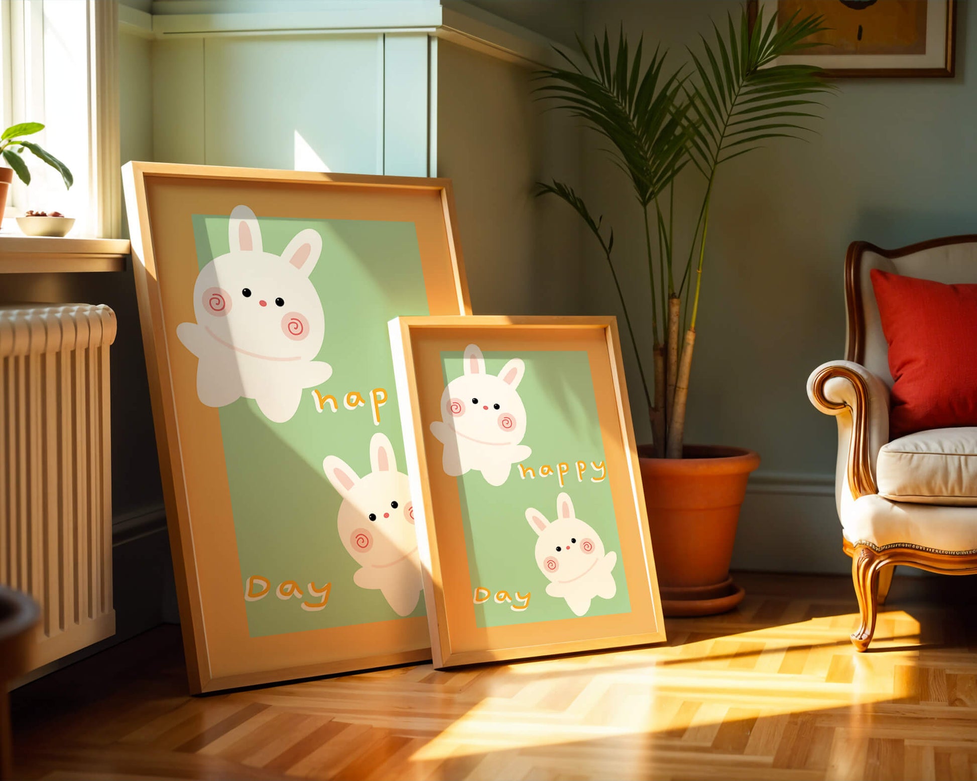 Conejos de dibujos animados juguetones con mensaje de día feliz sobre fondo colorido