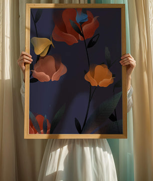 Abstract Floral Illustration with Colorful Flowers on Dark Background