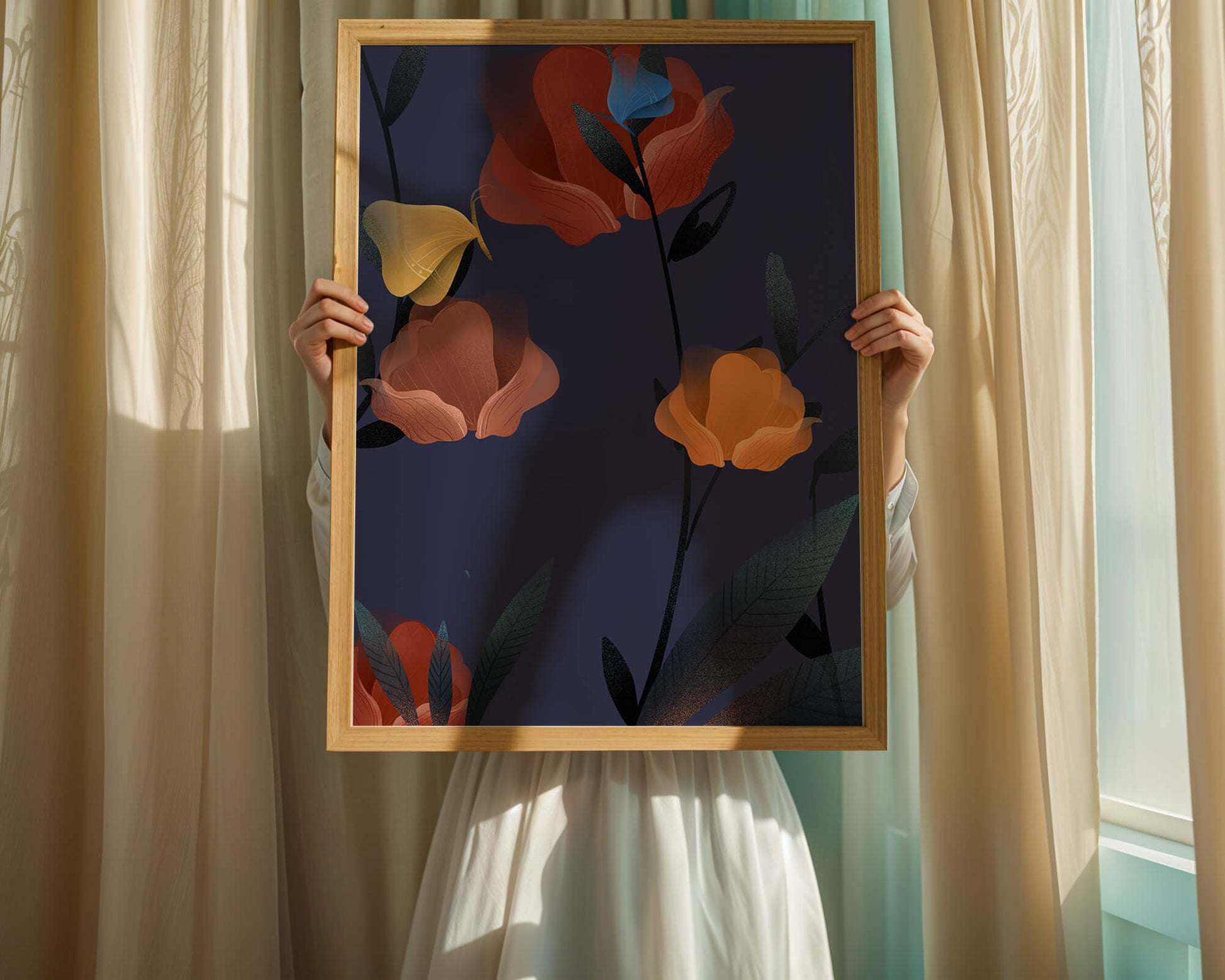 Abstract Floral Illustration with Colorful Flowers on Dark Background