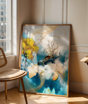 Surreal Nature Scene with Elephants and Golden Leaves