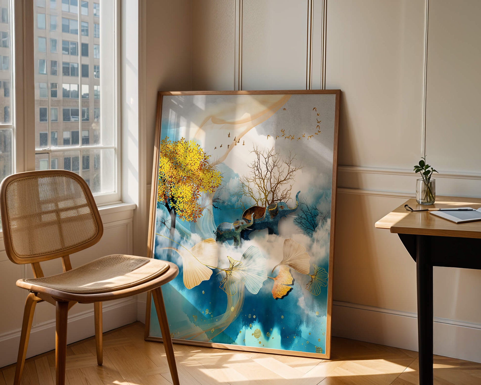 Escena surrealista de la naturaleza con elefantes y hojas doradas
