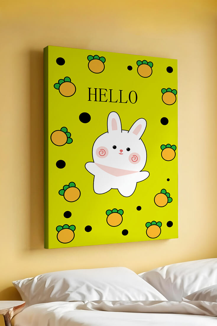 Charming rabbit cartoon illustration on yellow background with orange elements