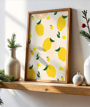 Playful lemon pattern with green leaves and abstract shapes