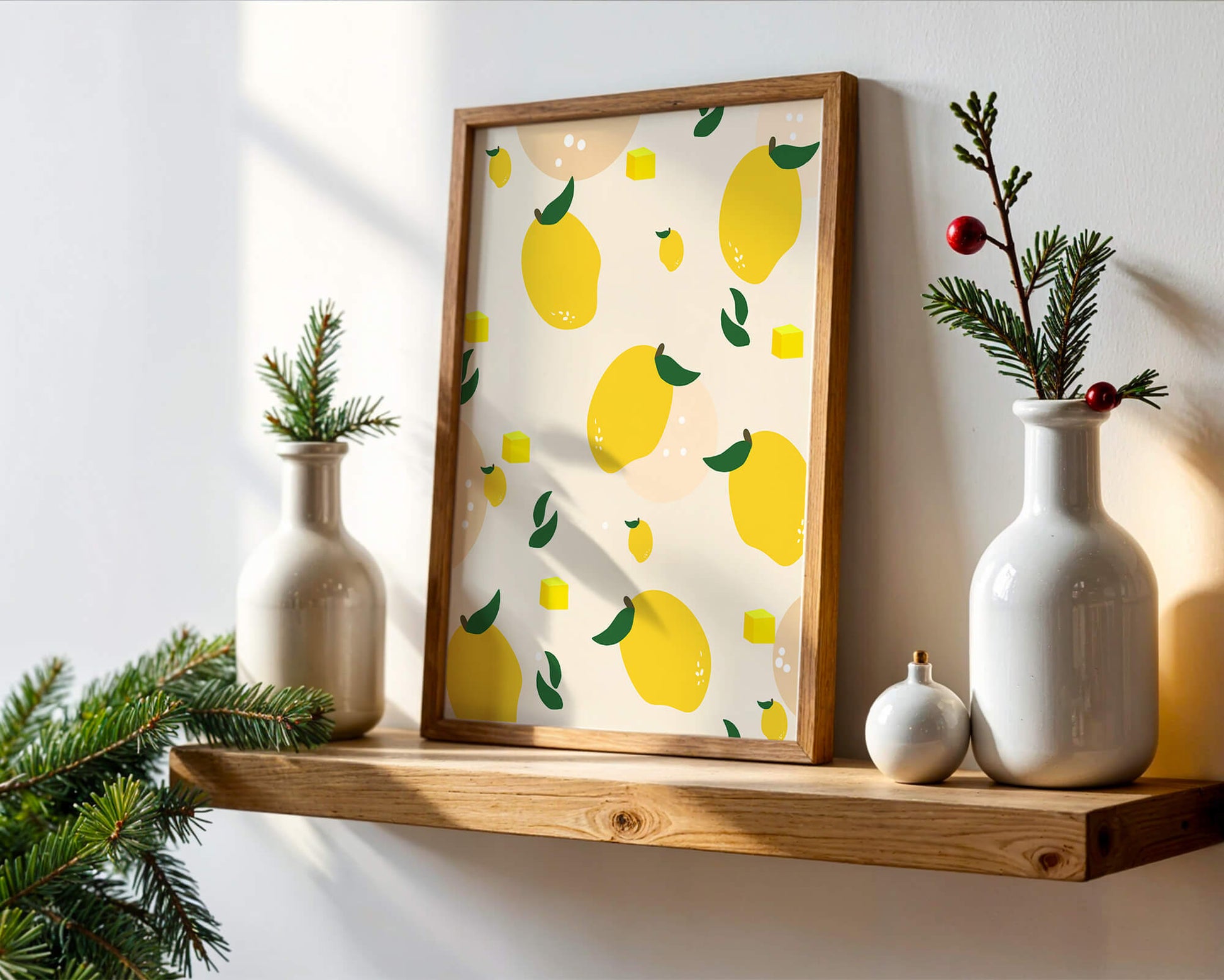 Playful lemon pattern with green leaves and abstract shapes