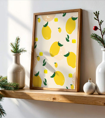 Playful lemon pattern with green leaves and abstract shapes