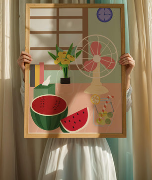 Nature morte sur le thème de l'été avec pastèque, éventail et fleurs dans un intérieur lumineux