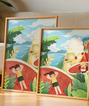 Paysage estival coloré avec des fruits tropicaux et des enfants qui se détendent