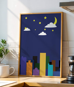 Night cityscape with colorful buildings and starry sky