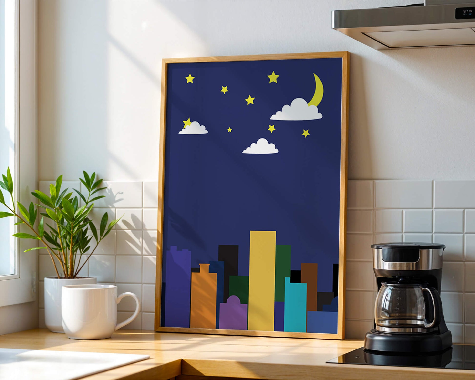 Night cityscape with colorful buildings and starry sky