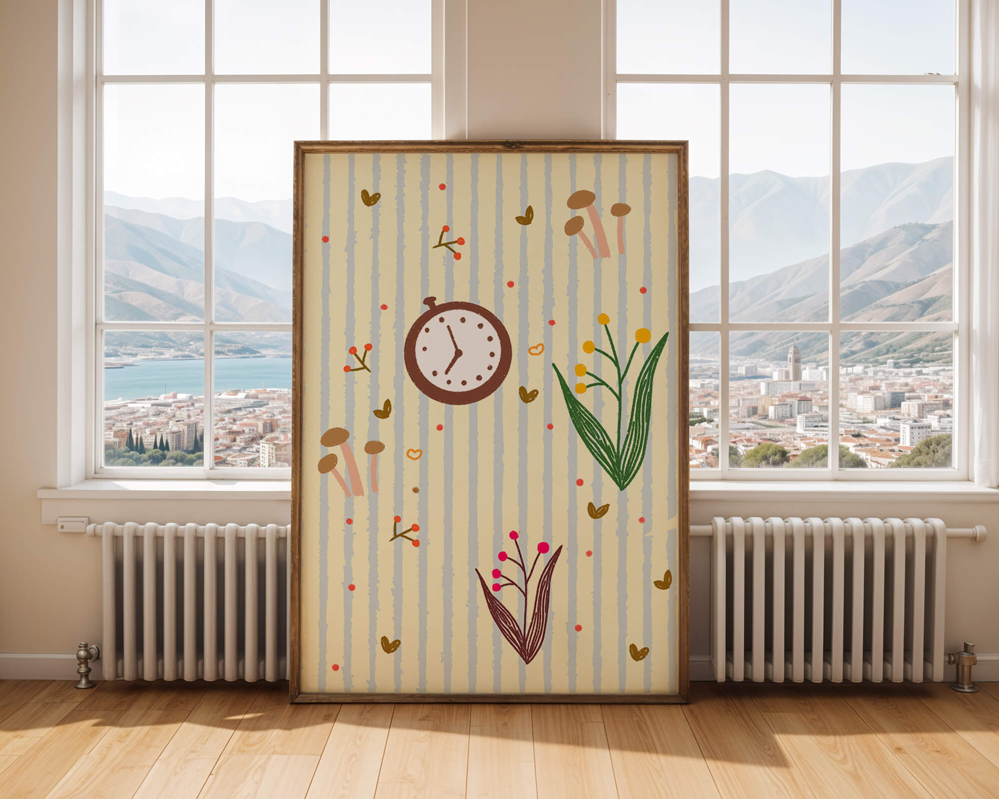 Whimsical pattern with clock, mushrooms, and florals on striped background