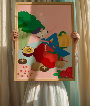 Ilustración de una mujer rodeada de vegetales y frutas vibrantes