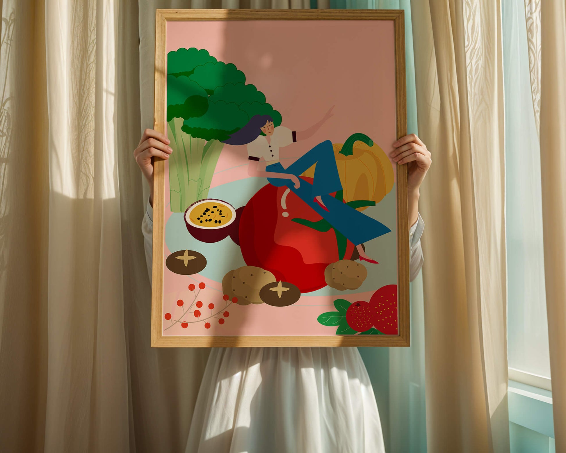 Ilustración de una mujer rodeada de verduras y frutas vibrantes.