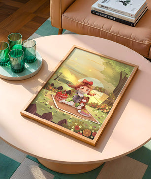 Whimsical picnic scene with a young girl and teddy bear under sunset in vibrant meadow