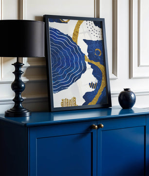 Abstract blue and gold textured artwork with wave patterns
