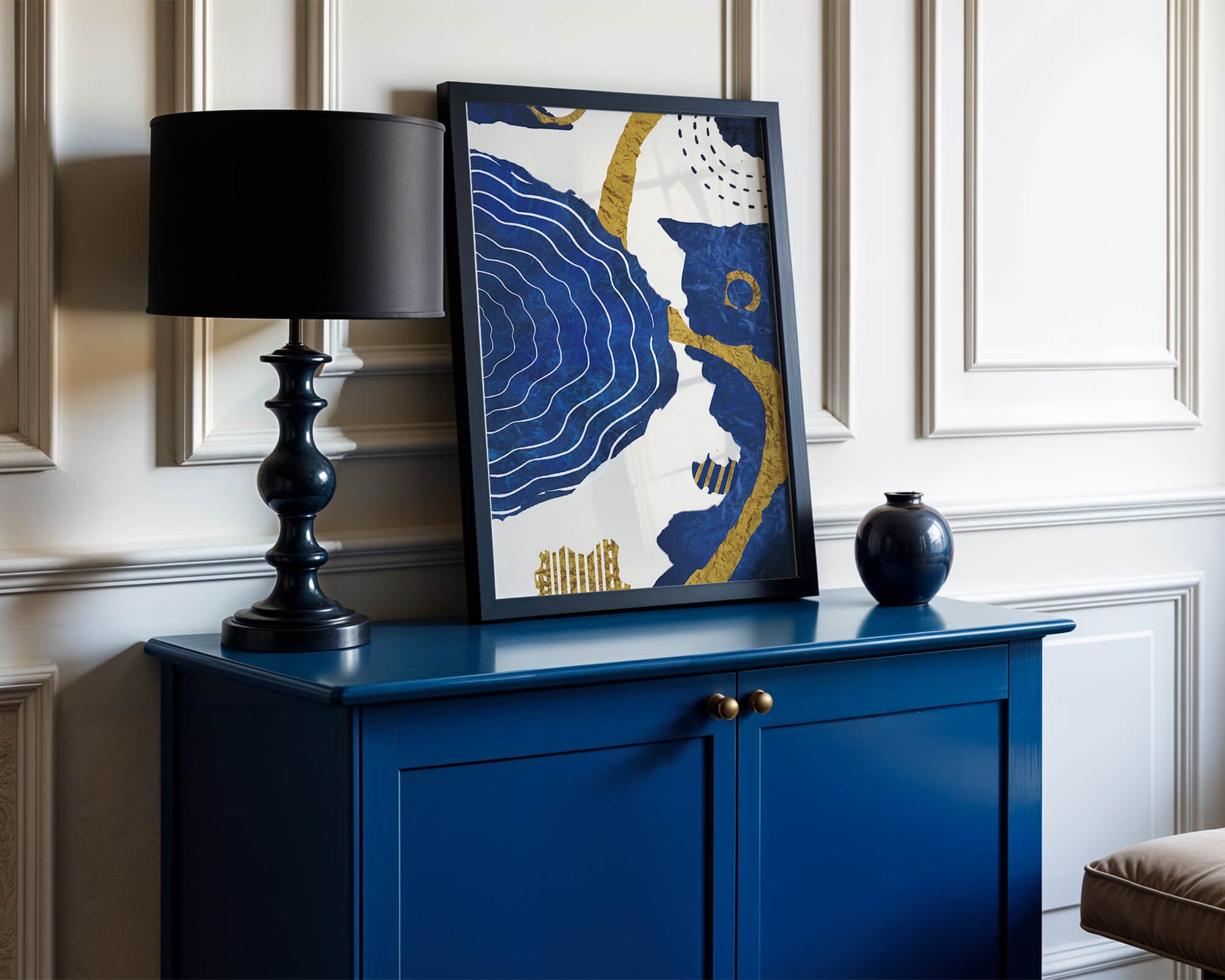 Abstract blue and gold textured artwork with wave patterns