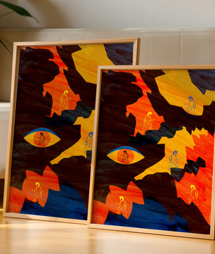 Abstract colorful artwork with eye and silhouettes