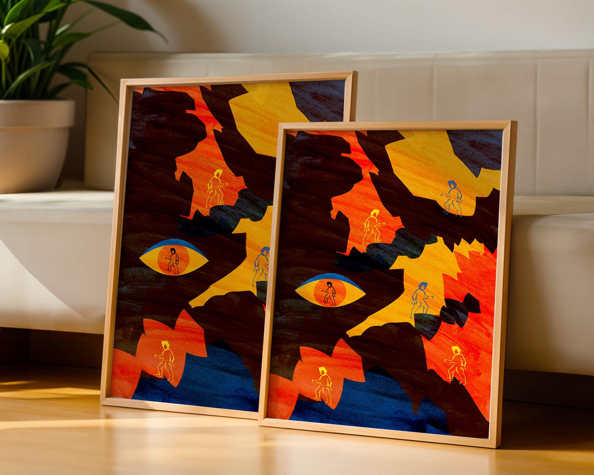 Abstract colorful artwork with eye and silhouettes