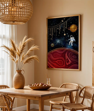 Escena espacial surrealista con astronauta y elementos celestiales