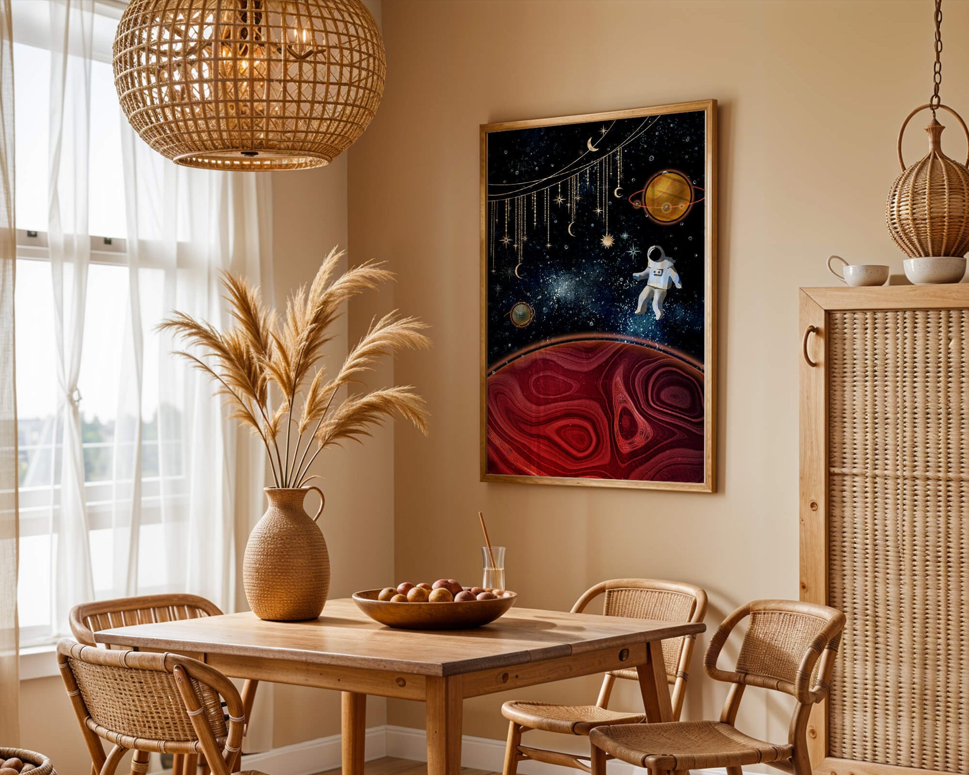 Surreal space scene with astronaut and celestial elements