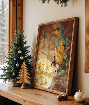 Figura celestial elegante con aura dorada y motivos florales