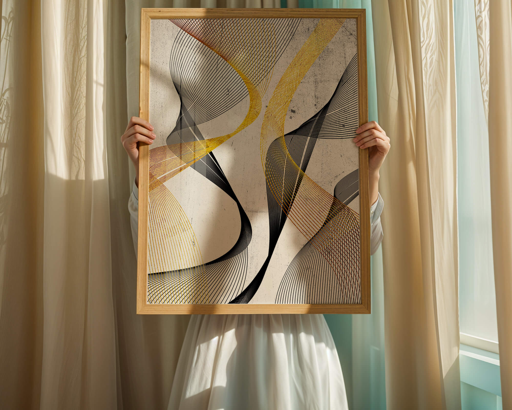 Abstract dynamic lines with golden and black swirls on textured background
