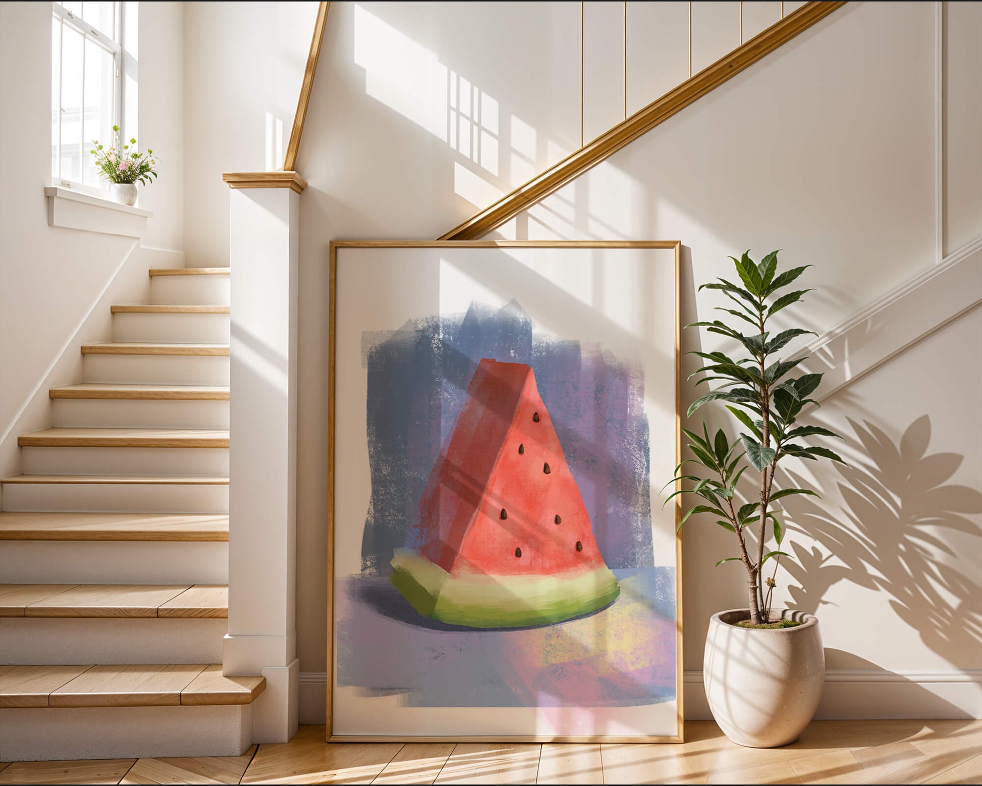 Watercolor illustration of a watermelon slice with abstract background