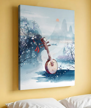 Paisaje tradicional chino con instrumento musical y flores