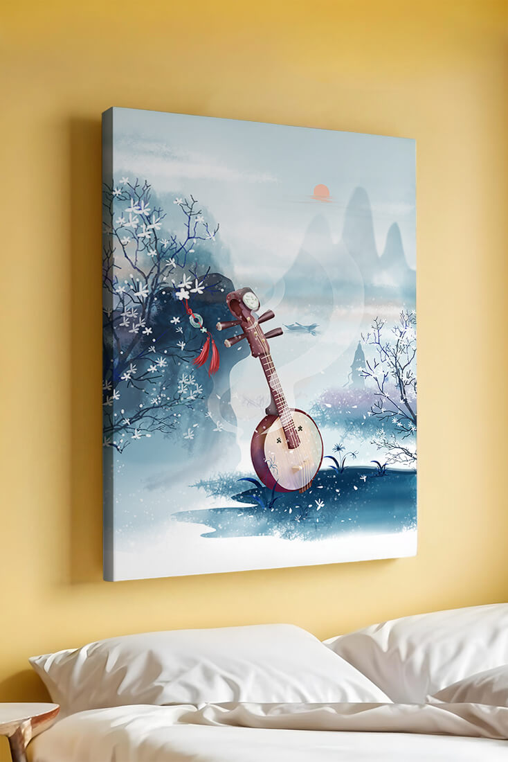 Paisaje tradicional chino con instrumento musical y flores