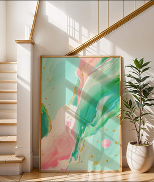 Obra de arte abstracta en pasteles y dorado con patrones fluidos