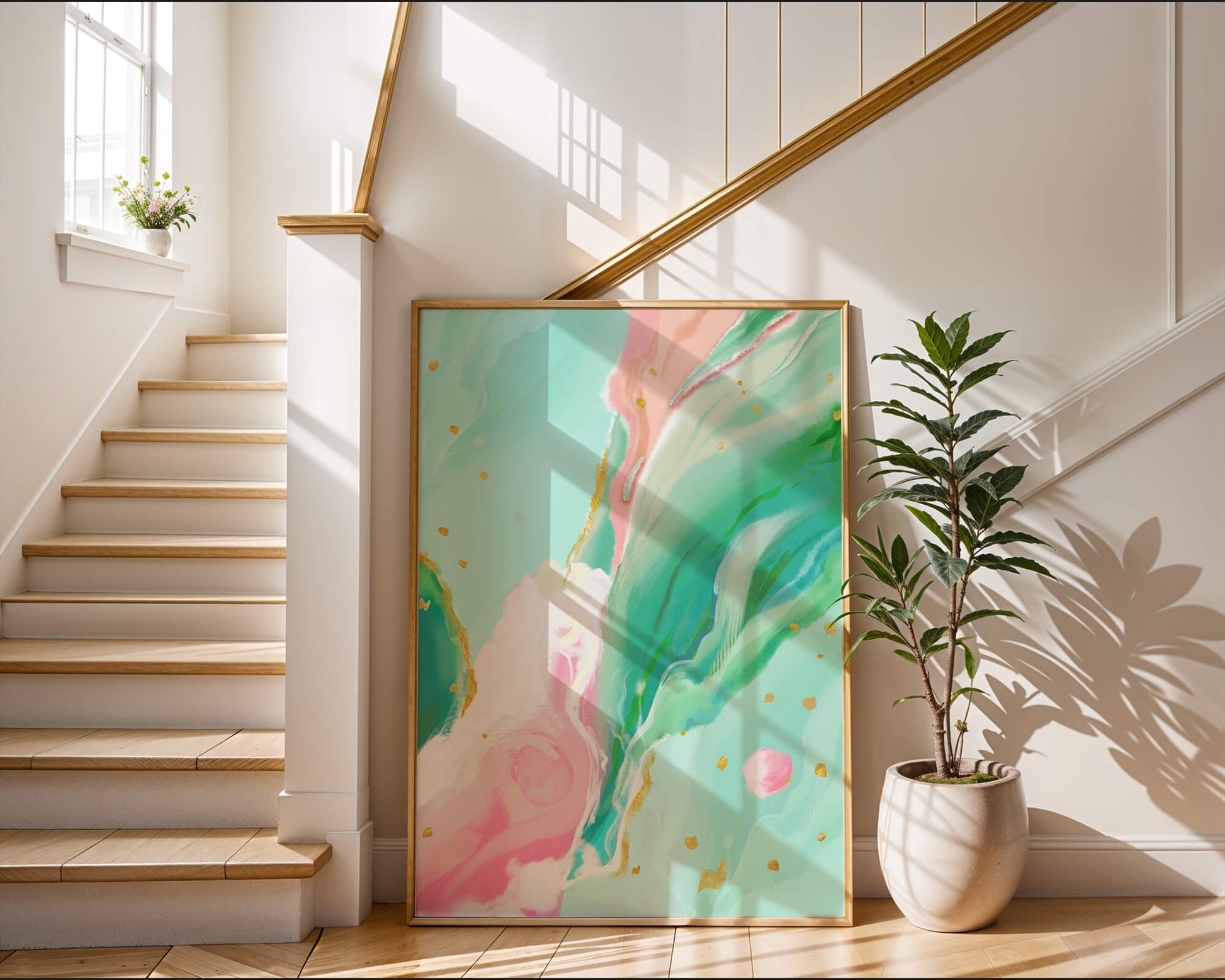 Obra de arte abstracta en pasteles y dorado con patrones fluidos
