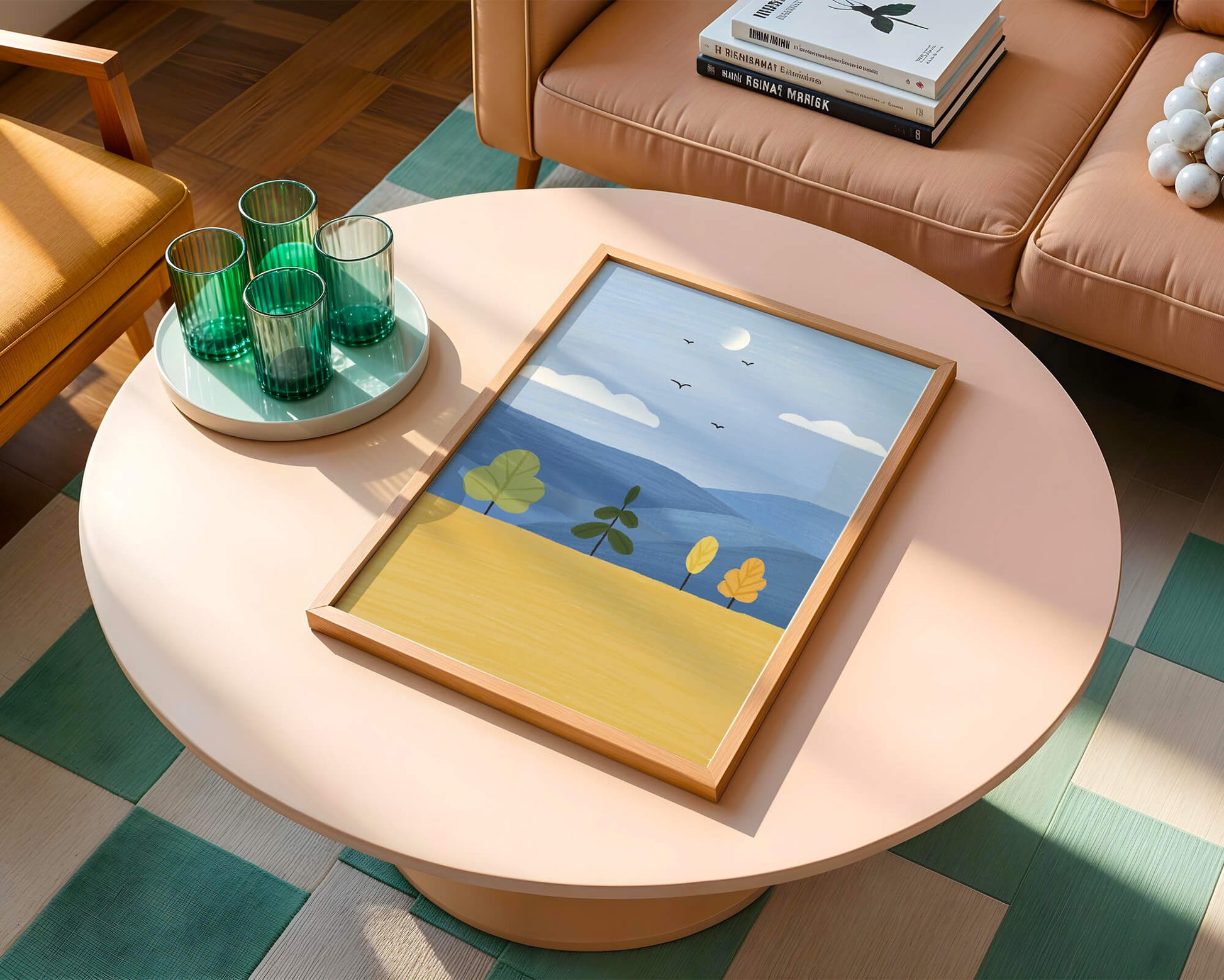 Paisaje colorido con árboles y aves en un campo sereno