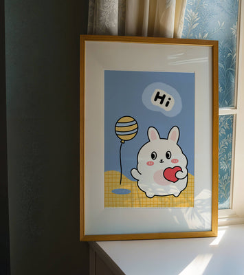 Adorable cartoon bunny with balloon and heart illustration
