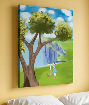 Young woman painting near a tree by a waterfall with a vibrant sky