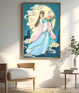 Traditional Asian-inspired artwork featuring a woman and rabbit under a moonlit sky